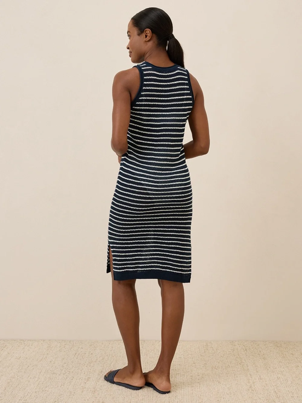 Pact Beachside Linen & Cotton Crochet Knit Cover-Up in Navy Capri Stripe
